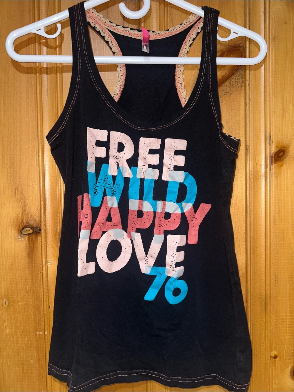 Black Graphic Racerback Tank Top with Pink & Blue Print